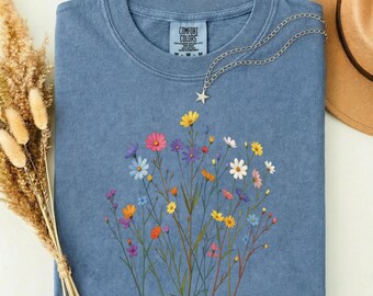 Comfort Colors® Vintage Pressed Flowers Shirt, Boho Cottagecore Tshirt Botanical Floral Tee Wildflowers Nature shirt,Gift For Gardener