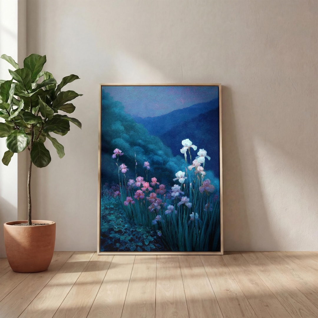 Moody Night Sky Floral Field Canvas Art, Vintage Landscape
