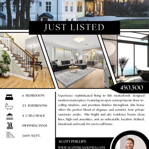 May include: Real estate listing featuring a white house with a black banner that says "JUST LISTED". The listing includes details like 6 bedrooms, 2.5 bathrooms, a 4-car garage, and a swimming pool. The address is 3940 Grandson St.