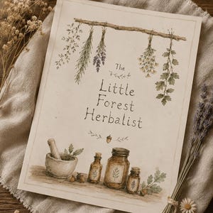 May include: A watercolor illustration of "The Little Forest Herbalist" book. The cover features hanging herbs, a mortar and pestle, and glass bottles. The book is on a beige cloth with dried flowers and lavender sprigs.