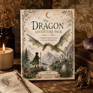 Może przedstawiać: Twarda oprawa książki zatytułowanej "The Dragon Adventure Pack" z fantastyczną ilustracją smoka, dziecka i krajobrazu. Okładka ma półksiężyc i gwiazdy. Książka została stworzona przez Root & Wonder Shop.