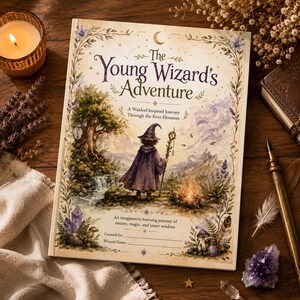 Puede incluir: Un libro de tapa dura titulado "The Young Wizard's Adventure" con una ilustración fantástica de un mago con una capa morada. La portada presenta una escena de bosque con una cascada, una fogata y el texto "A Waldorf-Inspired Journey Through the Four Elements."