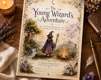 May include: A hardback book titled "The Young Wizard's Adventure" with a fantasy illustration of a wizard in a purple cloak. The cover features a forest scene with a waterfall, a campfire, and the text "A Waldorf-Inspired Journey Through the Four Elements."