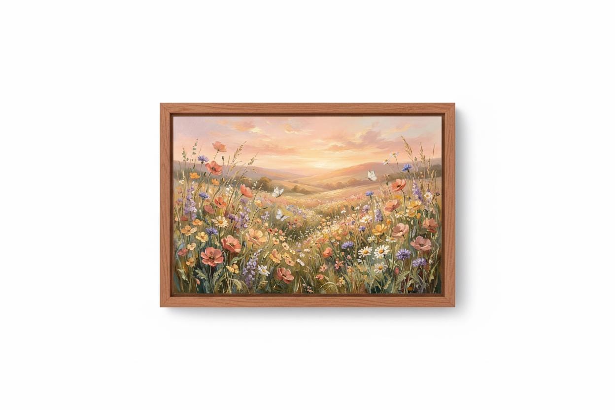Sunlit Meadow Blush — calming bedroom wall art print by SleepVista Art