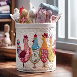 May include: A white, quilted fabric storage basket with embroidered chickens in various colors. The basket is filled with stuffed animals and folded fabric items. The basket has a white rim and handles.