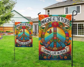 Peace Sign Hippie Flag, Imagine All People Living Life In Peace, Vibrant Polyester Decor