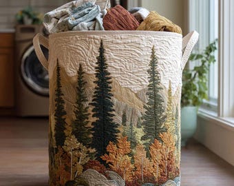 Quiet Peaks Quilted Laundry Basket, Forest Mountain Landscape Storage Bag
