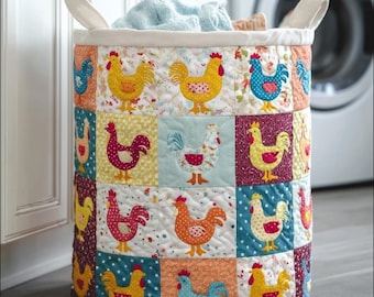 Whimsical Chicken Quilted Laundry Basket, Cute Hen Pattern Fabric Storage Bin, Farmhouse Kitchen Decor, Large Toy Organizer