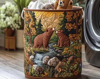 Bear Nature Glow Laundry Basket, Forest Scene, Home Storage Bag