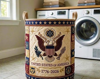Heritage Patch Quilted Laundry Basket, Vintage Americana Decor, Cozy Home Gift Ideas, Classic Patchwork Storage, Rustic Bedroom Organizer
