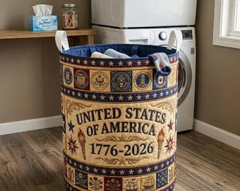 Heritage Patch Quilted Laundry Basket, 1776-2026 America 250 Gift, Semiquincentennial Home Decor, Historic Us Anniversary Hamper