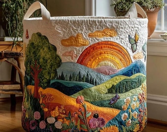 Morning Vista Quilted Laundry Basket, Foldable Storage Hamper, Housewarming Gift