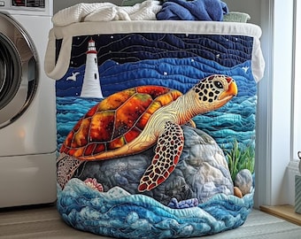 Sea Turtle Ocean Blue Quilted Laundry Basket, Nautical Underwater Coastal Home Decor, Large Storage Bin For Bedroom Nursery Gift