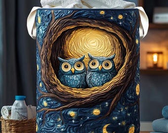 Owl Nest Laundry Basket, Whimsical Night Tree Design, Oxford Fabric Storage Bag