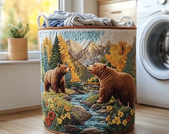 Bear Meadow Laundry Basket, Mountain Landscape, Forest Animals, Home Decor Storage Bag