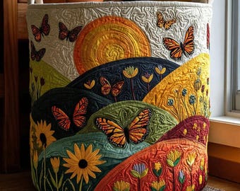 Blossom Ridge Quilted Laundry Basket, Butterfly Hillside Scene, Large Storage Bag