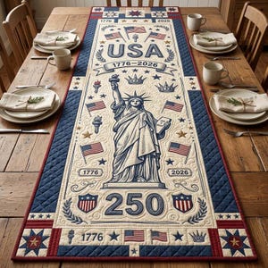 Decoración de mesa del 250 aniversario de Estados Unidos, camino de mesa con la bandera patriótica de la libertad, decoración de comedor 1776-2026
