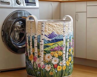 Spring Landscape Laundry Basket, Mountain Floral Print, Oxford Fabric Storage Bag
