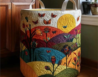 Horizon Wings Quilted Laundry Basket, Colorful Landscape Butterfly Print, Home Storage Bag
