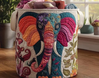 Elephant Echo Laundry Basket, Colorful Quilted Storage Hamper, Housewarming Gift