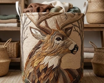 Stagwood Majesty Quilted Laundry Basket, Deer Nature Home Decor, Lodge Style Gift, Rustic Forest Animal Hamper, Housewarming Gift Ideas