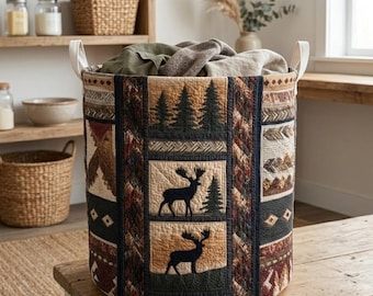 Moose Valley Quilted Laundry Basket, Wilderness Lodge Decor, Rustic Wildlife Gift, Mountain Forest Hamper