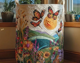 Meadow Flight Quilted Laundry Basket, Butterfly Floral Landscape Storage Bag