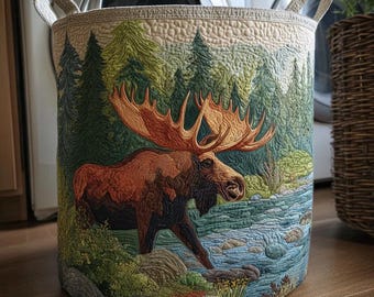Northern Wanderer Moose Laundry Basket, Forest Scene Storage Hamper