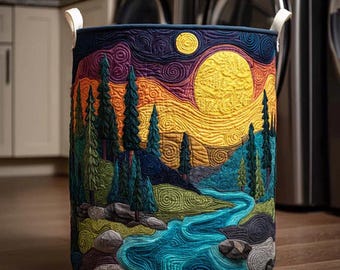 Wave Crest Laundry Basket, Mountain River Landscape Print, Foldable Storage Bag