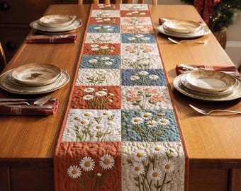 Caminho de mesa patchwork com margaridas, decoração floral para mesa em estilo campestre, caminho de mesa rústico para sala de jantar, presente de boas-vindas rústico