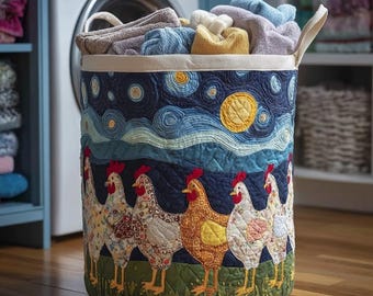 Starry Chicken Quilted Laundry Basket, Country Farmhouse Decor, Hen Mother’S Day Gift, Rustic Poultry Theme Hamper, Unique Kitchen Storage