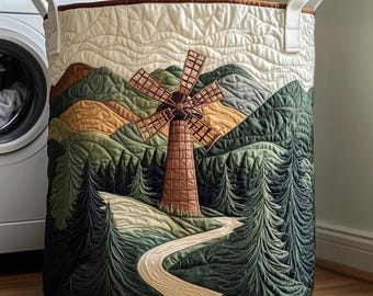 Wild Windmill Quilted Laundry Basket, Rustic Farmhouse Storage Bin, Fabric Toy Organizer, Country Cottage Home Decor, Large Hamper