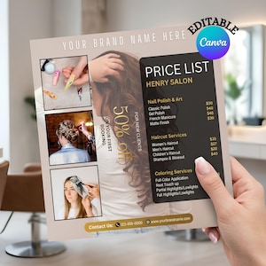 Op de afbeelding: Een vierkante prijslijstflyer voor een salon met drie ingevoegde foto's van nail art, haarstyling en haarkleuring. De tekst bevat "PRICE LIST", "HENRY SALON" en "50% OFF ON YOUR FIRST BOOKING FOR NEW CLIENTS" met contactgegevens.