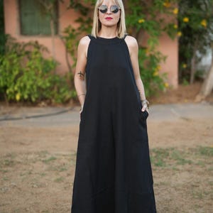Black  Maxi Dress with Pockets | Minimalist Loose Fit Dress | Boho Sleeveless Summer