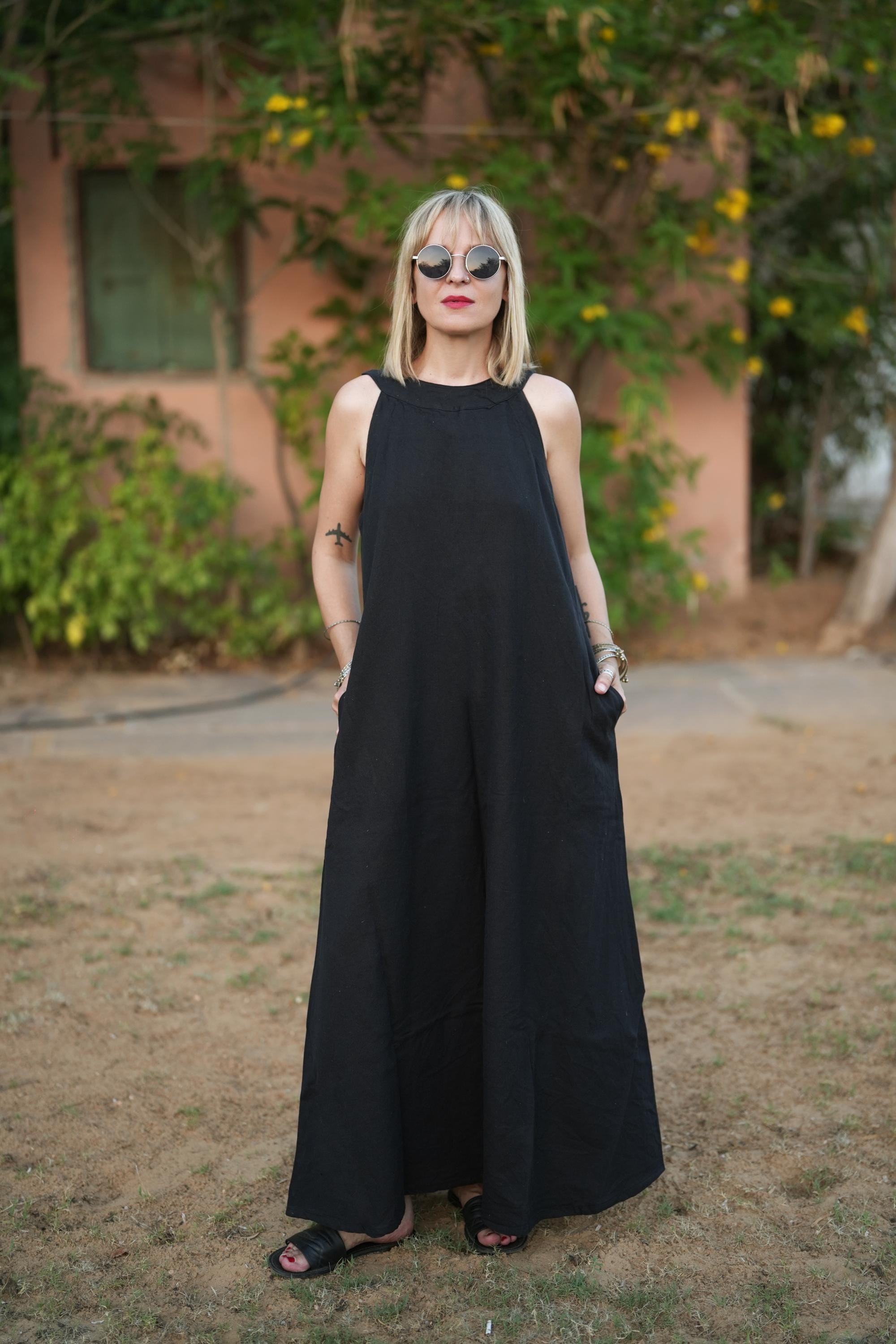 Black Linen Maxi Dress Sleeveless Boho Dress with Pockets
