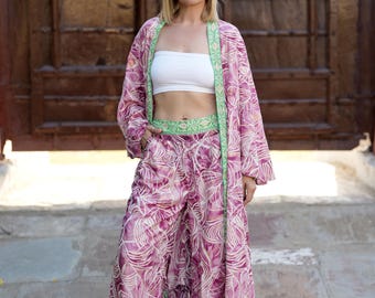 Pink Tropisches Kimono-Set | Damen Sommer Zweiteiler Set