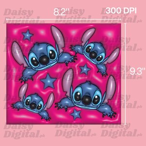 May include: A square design featuring four blue cartoon characters with large ears and eyes, and blue stars on a pink background. The design measures 8.2 inches by 9.3 inches.