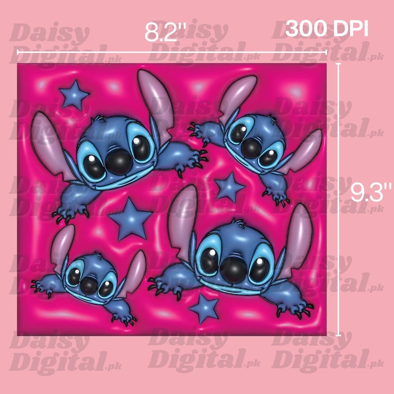 May include: A square design featuring four blue cartoon characters with large ears and eyes, and blue stars on a pink background. The design measures 8.2 inches by 9.3 inches.