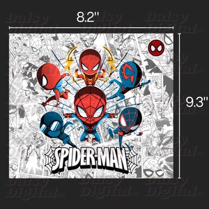 May include: A square graphic featuring multiple cartoon Spider-Man characters in various poses, set against a black and white comic book background. The graphic is 8.2 inches wide and 9.3 inches tall, with the word "SPIDER-MAN" prominently displayed.