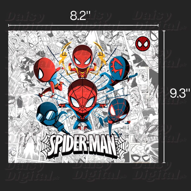 May include: A square graphic featuring multiple cartoon Spider-Man characters in various poses, set against a black and white comic book background. The graphic is 8.2 inches wide and 9.3 inches tall, with the word "SPIDER-MAN" prominently displayed.