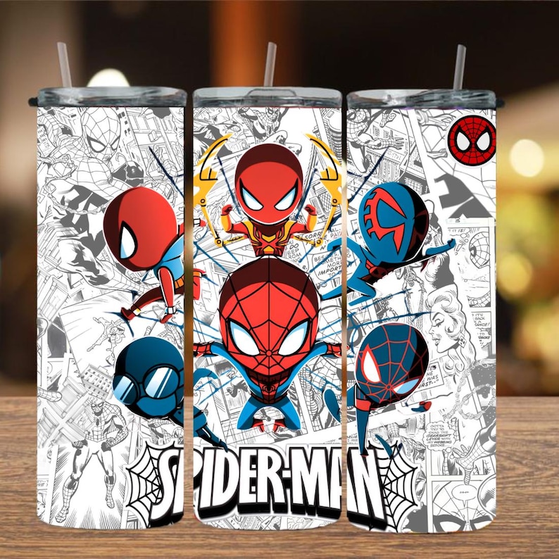 May include: A set of three stainless steel tumblers featuring a Spider-Man theme. The design includes various Spider-Man characters in a comic book style, with the words "SPIDER-MAN" prominently displayed. Each tumbler has a straw and a lid.