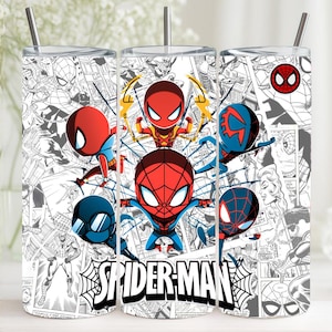 May include: Three stainless steel tumblers with lids and straws. Each tumbler features a Spider-Man design with comic book panels in the background. The tumblers have a white background with a black and red Spider-Man logo.