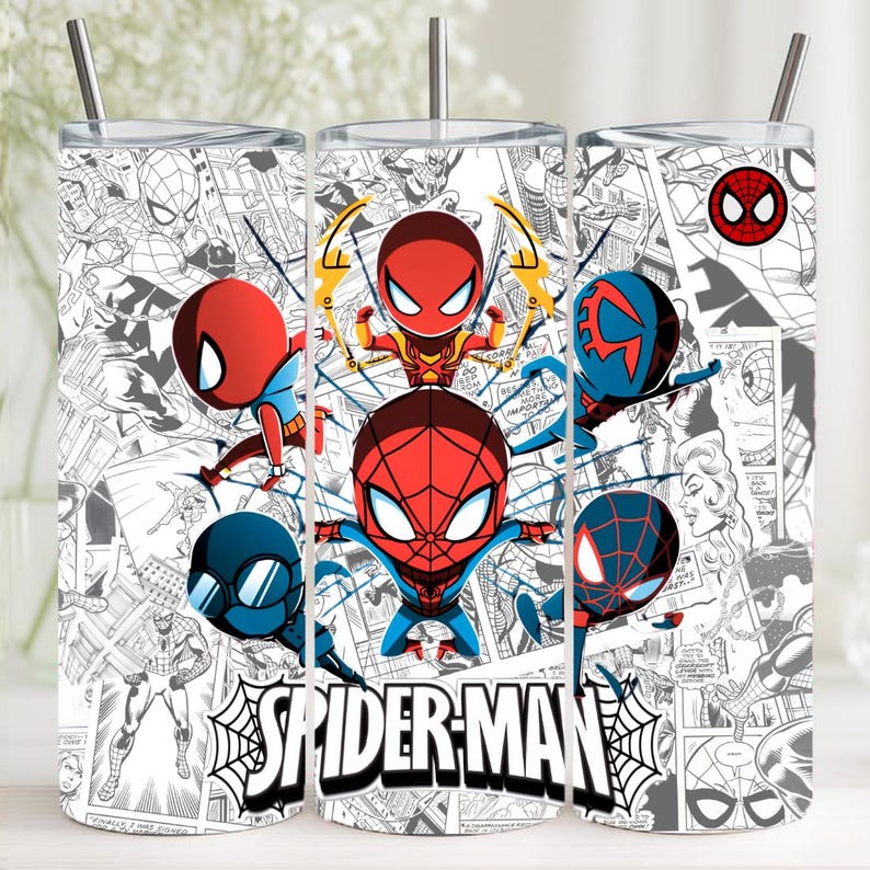 May include: Three stainless steel tumblers with lids and straws. Each tumbler features a Spider-Man design with comic book panels in the background. The tumblers have a white background with a black and red Spider-Man logo.