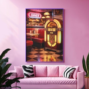 1950s Diner Jukebox Poster | Retro Neon Wall Art, Rock & Roll Physical Print