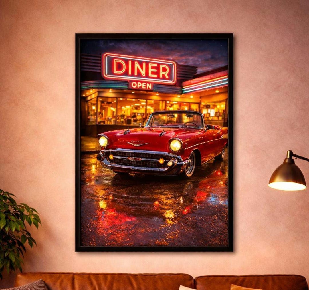 Retro Diner Car Wall Art | 1950s Convertible Neon Decor (digital ...