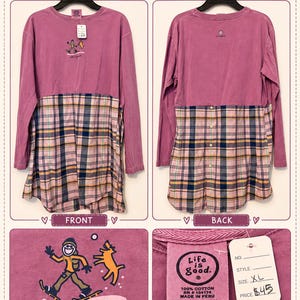 Upcycled Plaid Tunic Dress, Women’s XL, Mauve Pink Long Sleeve Patchwork Dress