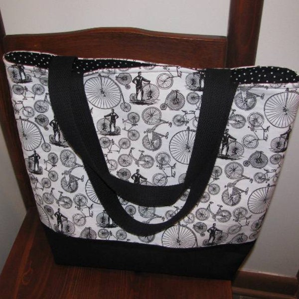 Tote, Market Bag, Bicycles, Library Bag, Travel Tote, Victorian Era, Work Tote, Black and White