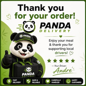 Puede incluir: Imagen promocional de Panda Delivery con una mascota de panda que lleva una gorra y sostiene una caja de entrega. El texto incluye "¡Gracias por tu pedido!" y "¡Disfruta de tu comida y gracias por apoyar a los repartidores locales!" con cinco estrellas y el nombre del repartidor, Andre.