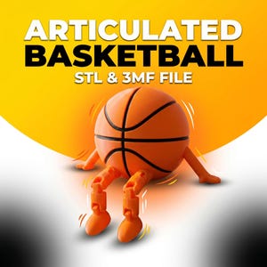May include: An orange articulated basketball with black lines, featuring jointed legs and arms. The text "ARTICULATED BASKETBALL" is displayed above, with "STL & 3MF FILE" below, all against a yellow and white background.