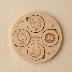 May include: A wooden educational toy depicting the life cycle of a chicken. The round board features engraved illustrations of a chick, eggs in a nest, a hen, and a chicken, with arrows and the text "The Circle of Life".